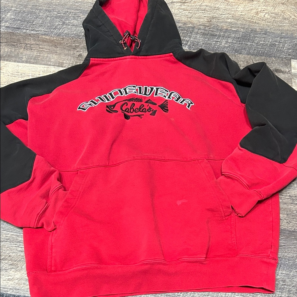 Distressed Cabela's Red and Black Pullover large